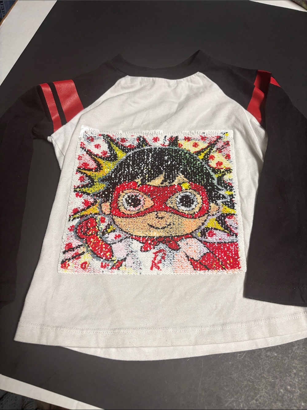 Kids Long Sleeve Tee with Sequin Superhero Patch - Black & White
